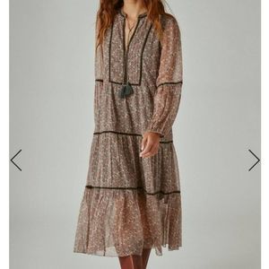 Lucky Brand Bohemian Tiered Black Floral Long Sleeve Maxi Dress size M